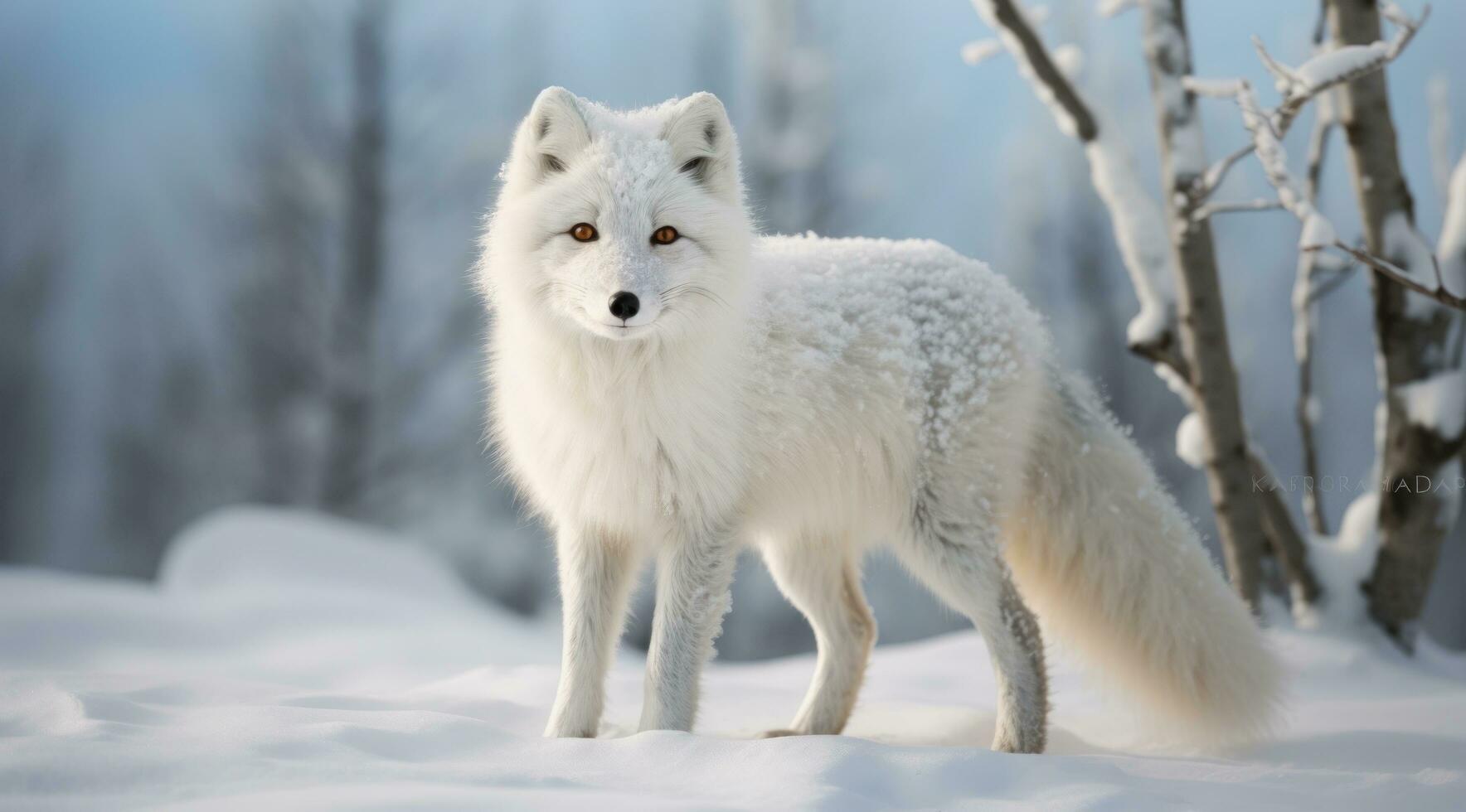 ai generado un blanco zorro en nieve en el fondo, foto