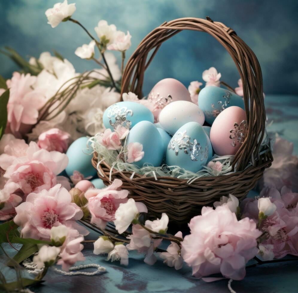 AI generated easter basket filled with blue and white eggs, photo