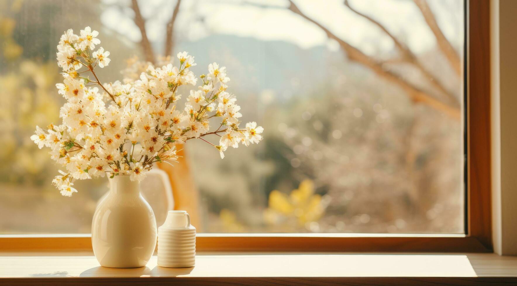 AI generated a white vase filled with flowers on a wooden table, photo