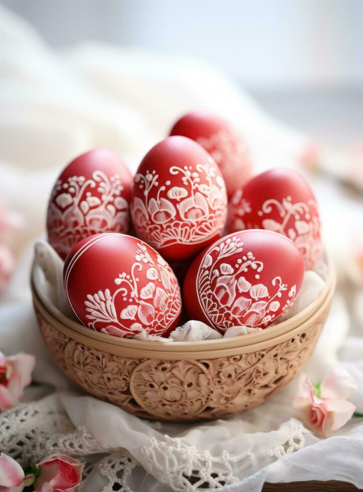 AI generated red dyed easter eggs in basket with greenery, photo