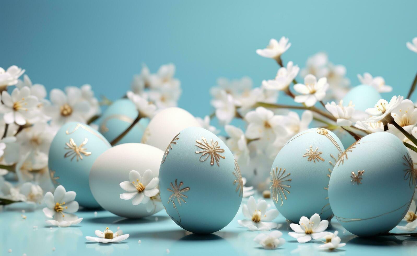 AI generated an easter egg scene on a blue background, photo