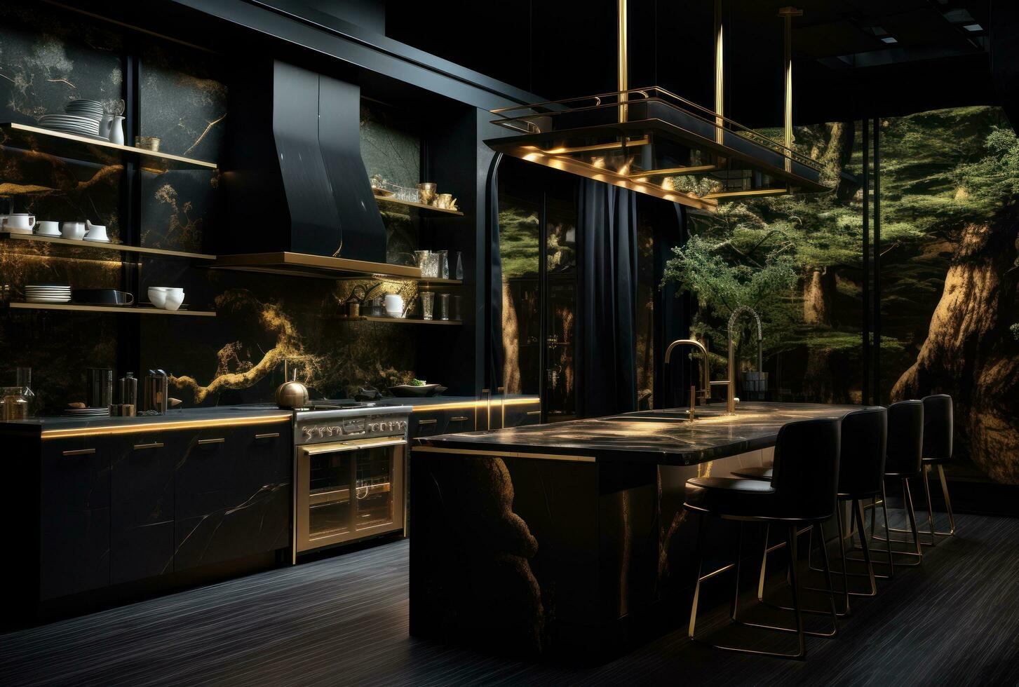 AI generated a large black and gold kitchen with wood, photo