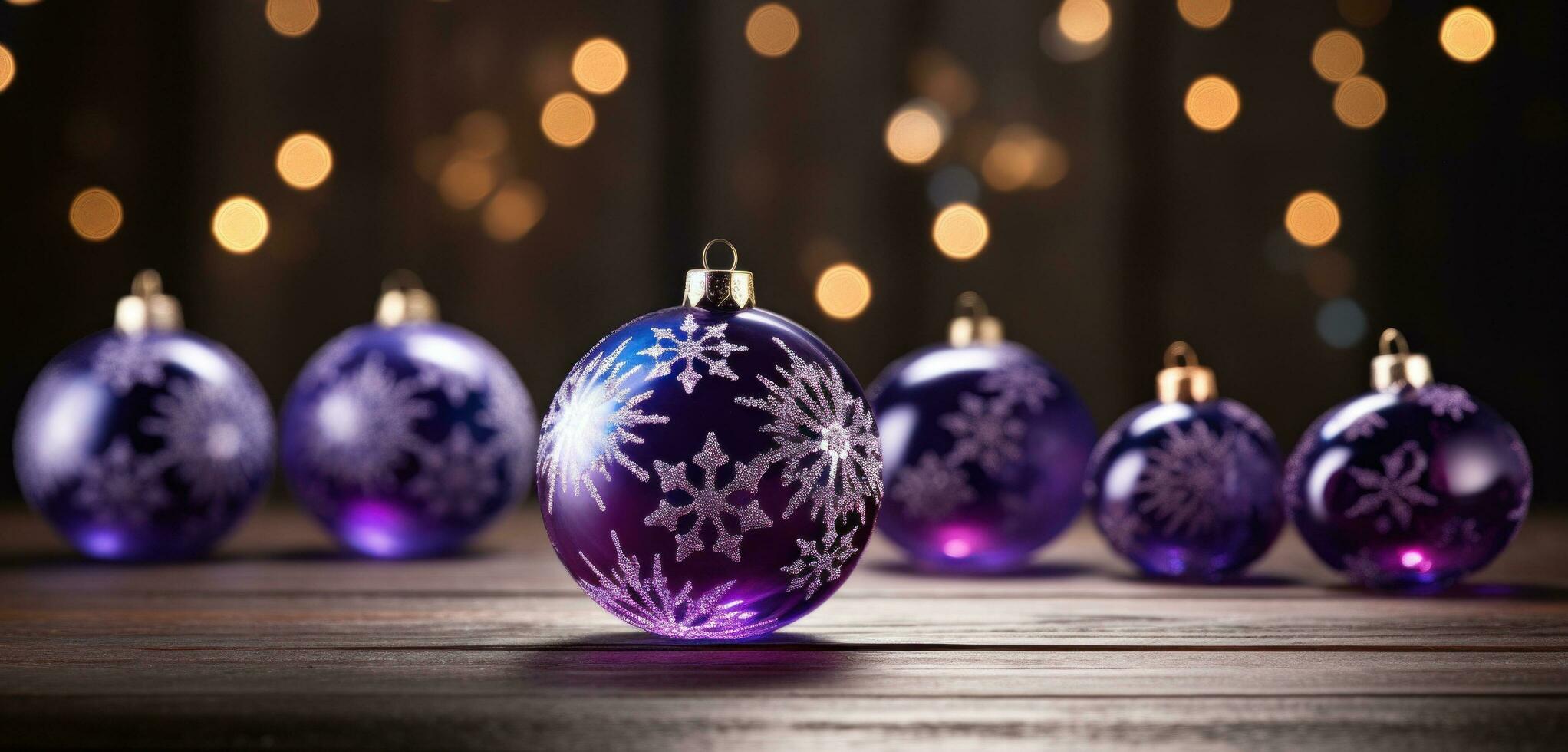 AI generated christmas baubles sitting on top of a wooden table with snowflakes, photo