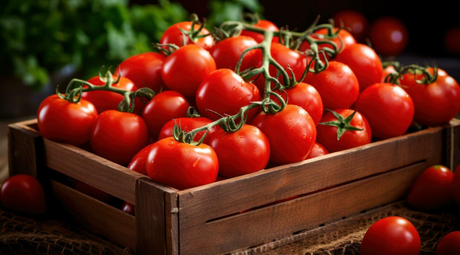 ai generado un de madera caja lleno de Tomates en el jardín, foto