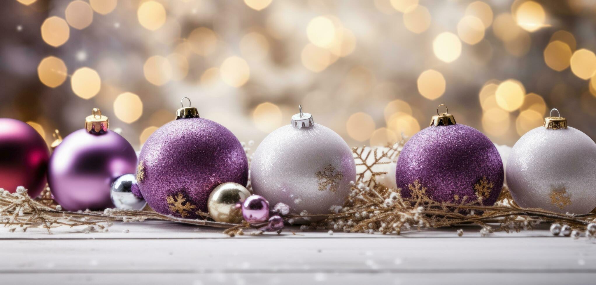 ai generado Navidad adornos sentado en parte superior de un de madera mesa con copos de nieve, foto