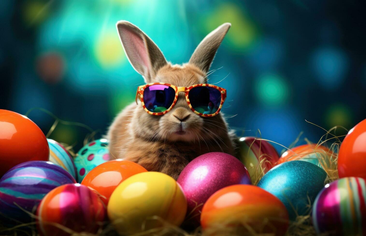 AI generated rabbit sitting near easter baskets with easter eggs, photo