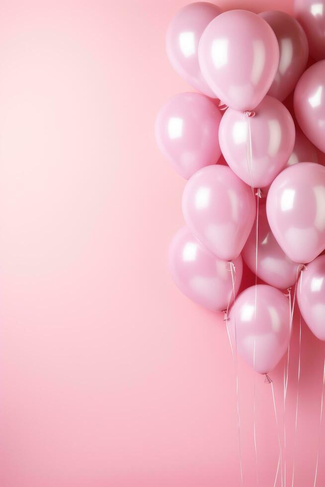 AI generated minimalist wallpaper, balloons, large copyspace area, pastel pink background, offcenter composition photo