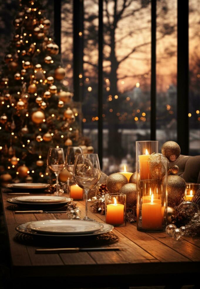 ai generado un mesa con velas y un Navidad árbol en frente de él, foto