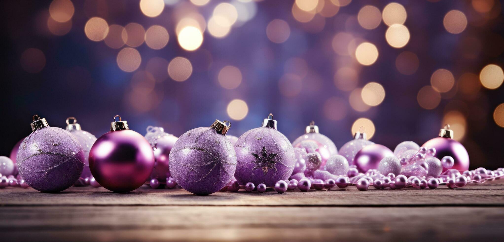 AI generated christmas baubles sitting on top of a wooden table with snowflakes, photo