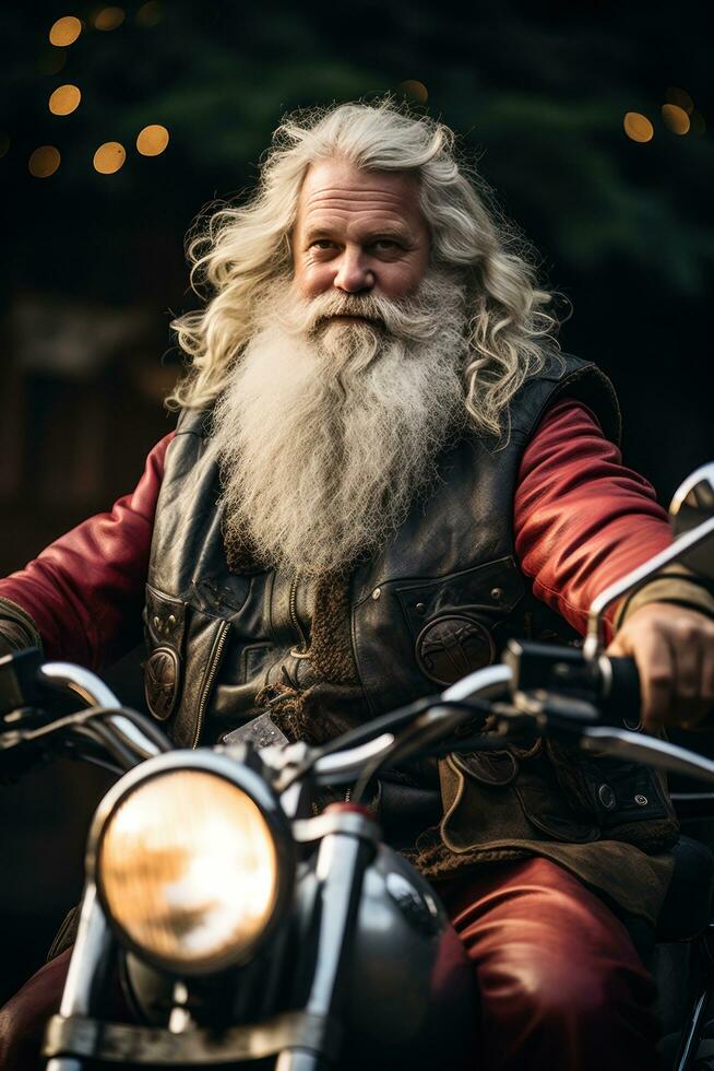 ai generado Papa Noel en moto con grande malo. foto