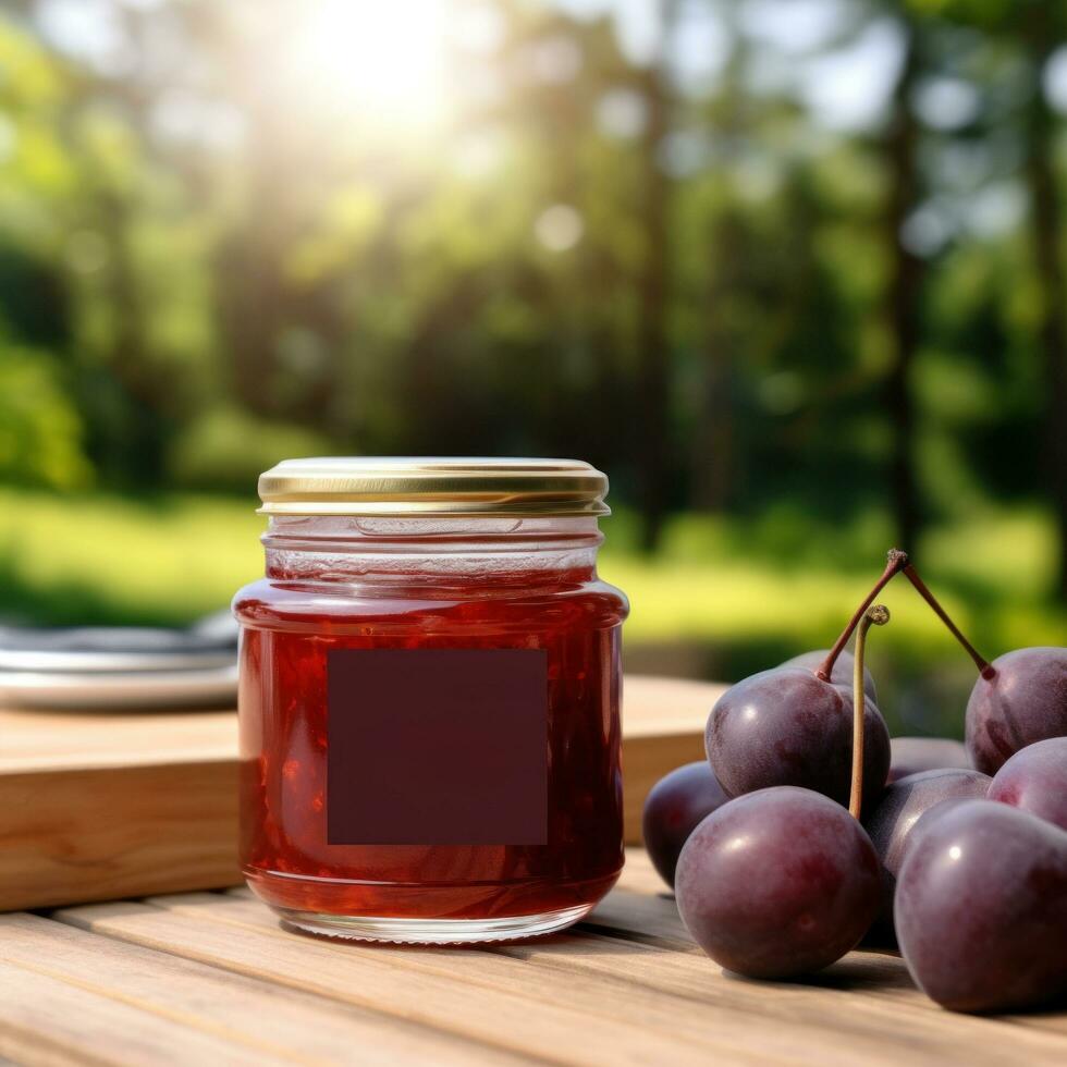 AI generated jar of plum jam with blank front realistic on a mockup template in a wooden table in a summer garden with plum trees, photo