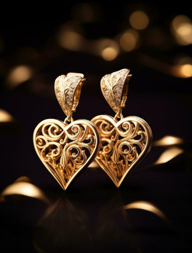 ai generado dos oro pendientes con intrincado corazones diseño rodeado por luces, foto