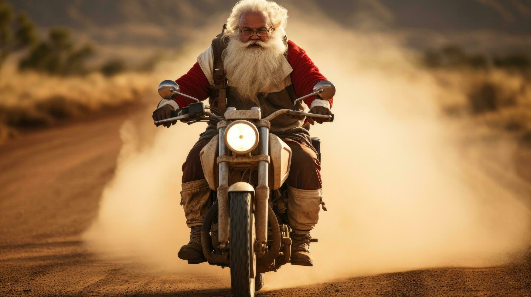 ai generado Papa Noel en moto con grande malo. foto