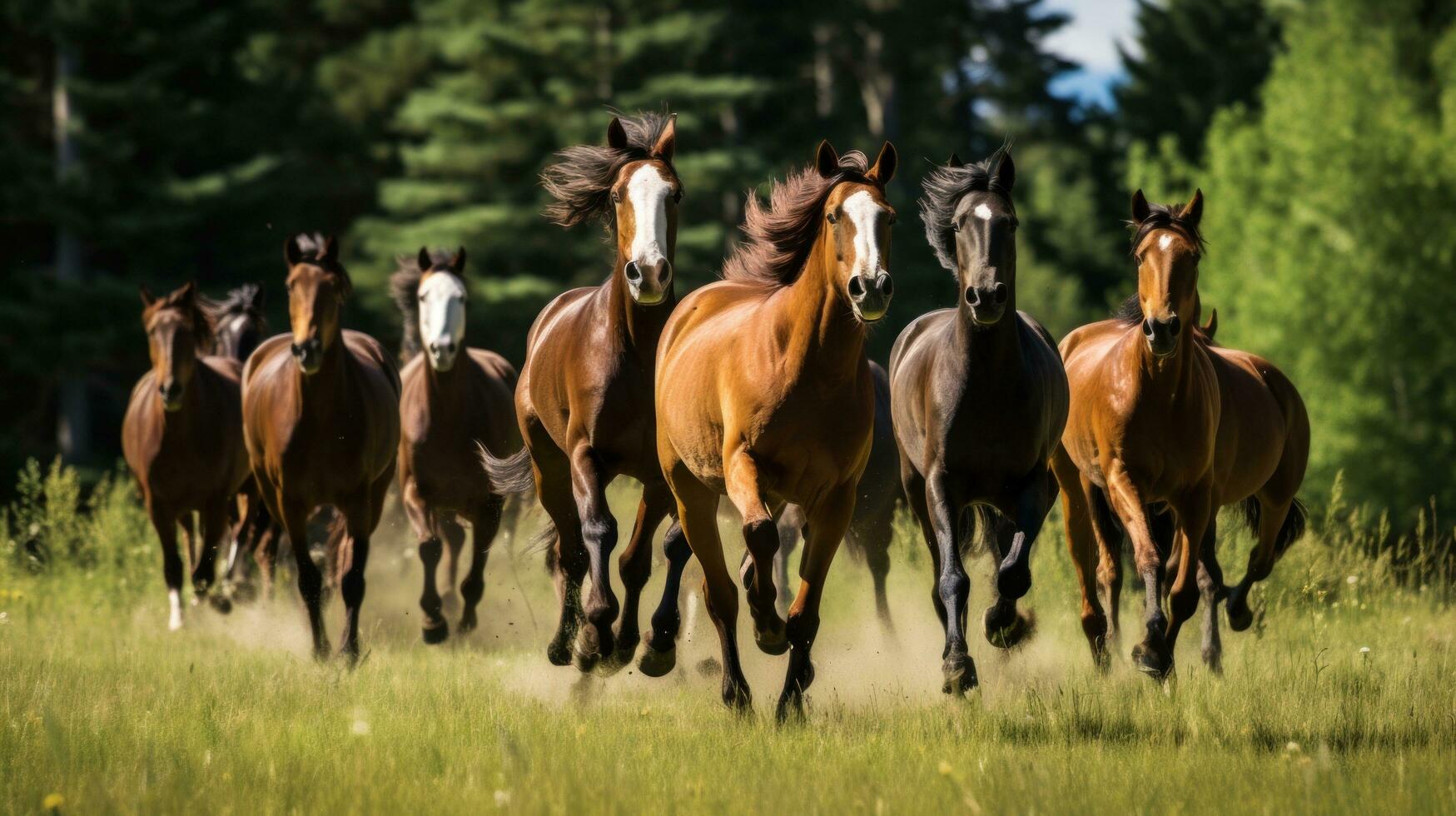AI generated A group of horses running across a meadow, captured in a dynamic action shot photo