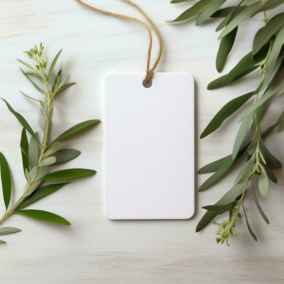 ai generado blanco blanco etiqueta con blanco frente realista en un Bosquejo modelo en un blanco de madera mesa con aceituna hoja rama foto