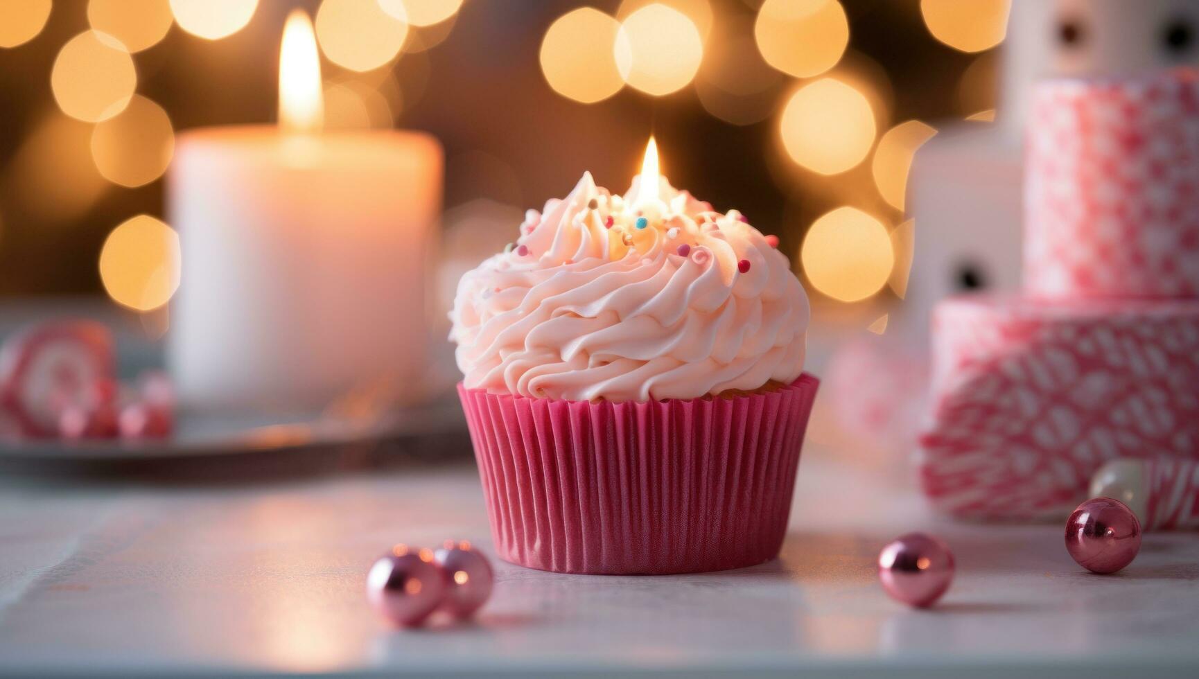 AI generated pink christmas cupcake next to an electronic fire place as christmas lights, photo
