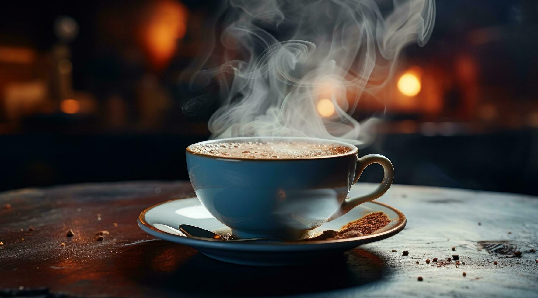 AI generated a black coffee cup in front of a plate with steam rising, photo