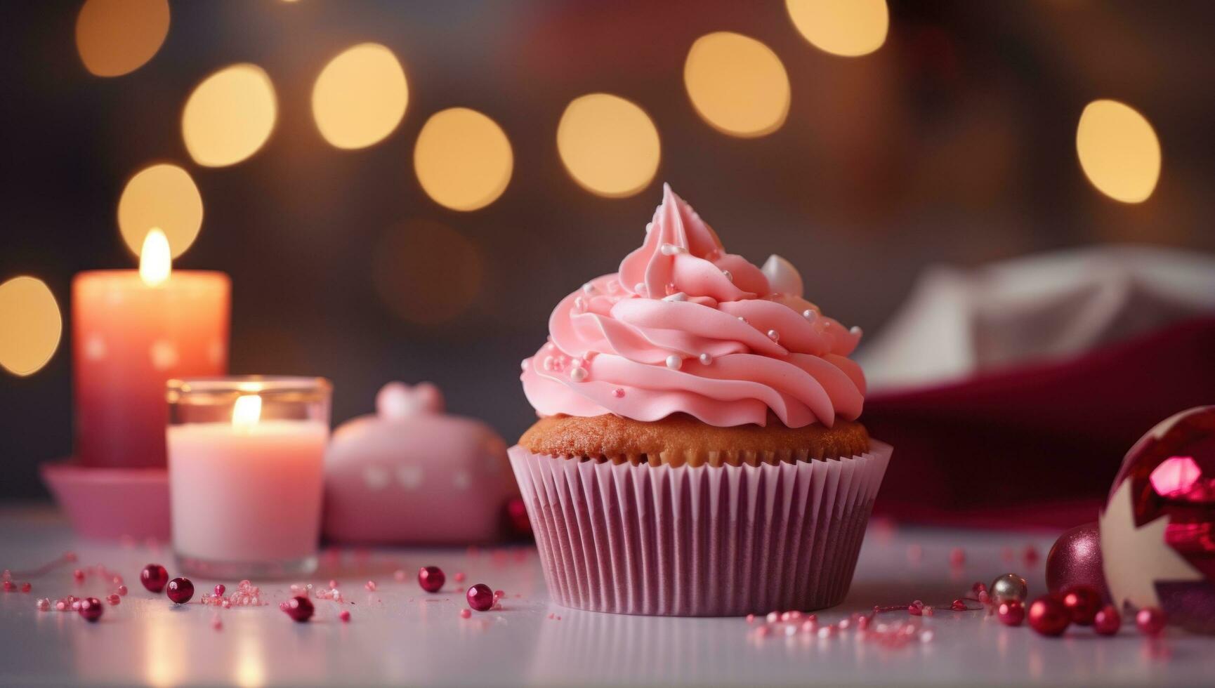 AI generated pink christmas cupcake next to an electronic fire place as christmas lights, photo