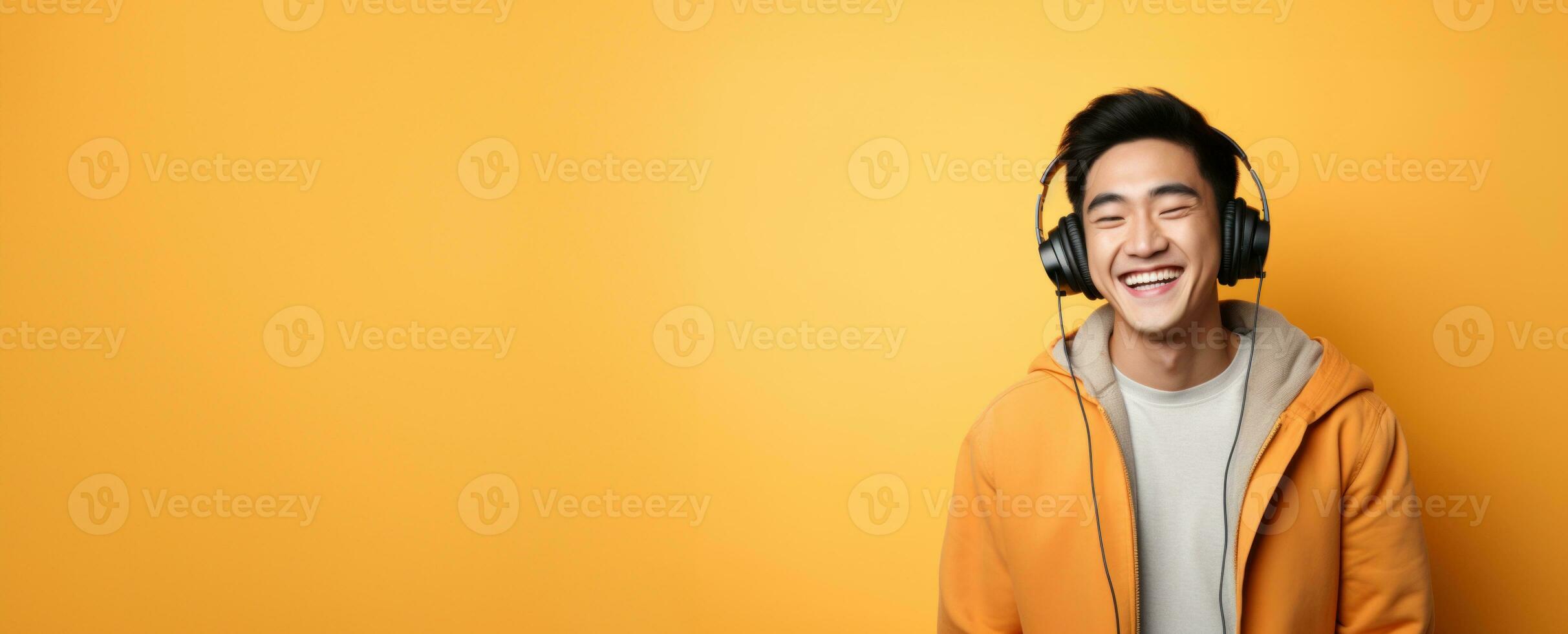 ai generado retrato de contento riendo asiático joven hombre en auriculares en amarillo naranja. bandera. Copiar espacio. foto