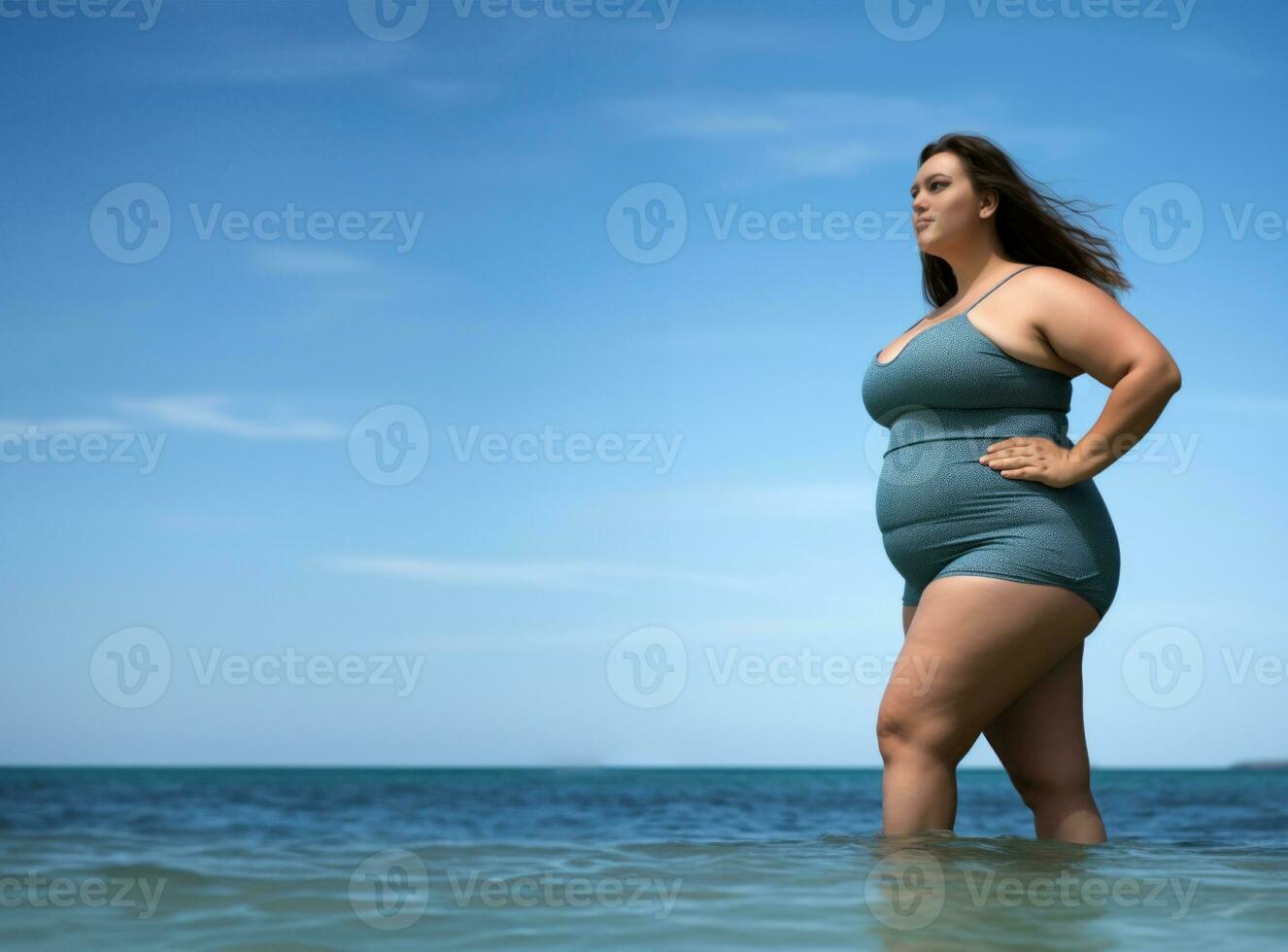 ai generado joven gordito mujer en gris traje de baño en pie en mar agua en costa. lado vista. Copiar espacio. foto