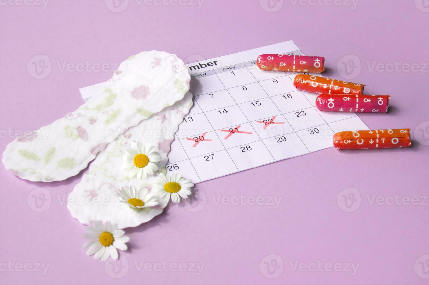 Menstrual pads and tampons on menstruation period calendar with chamomiles on pink background. photo