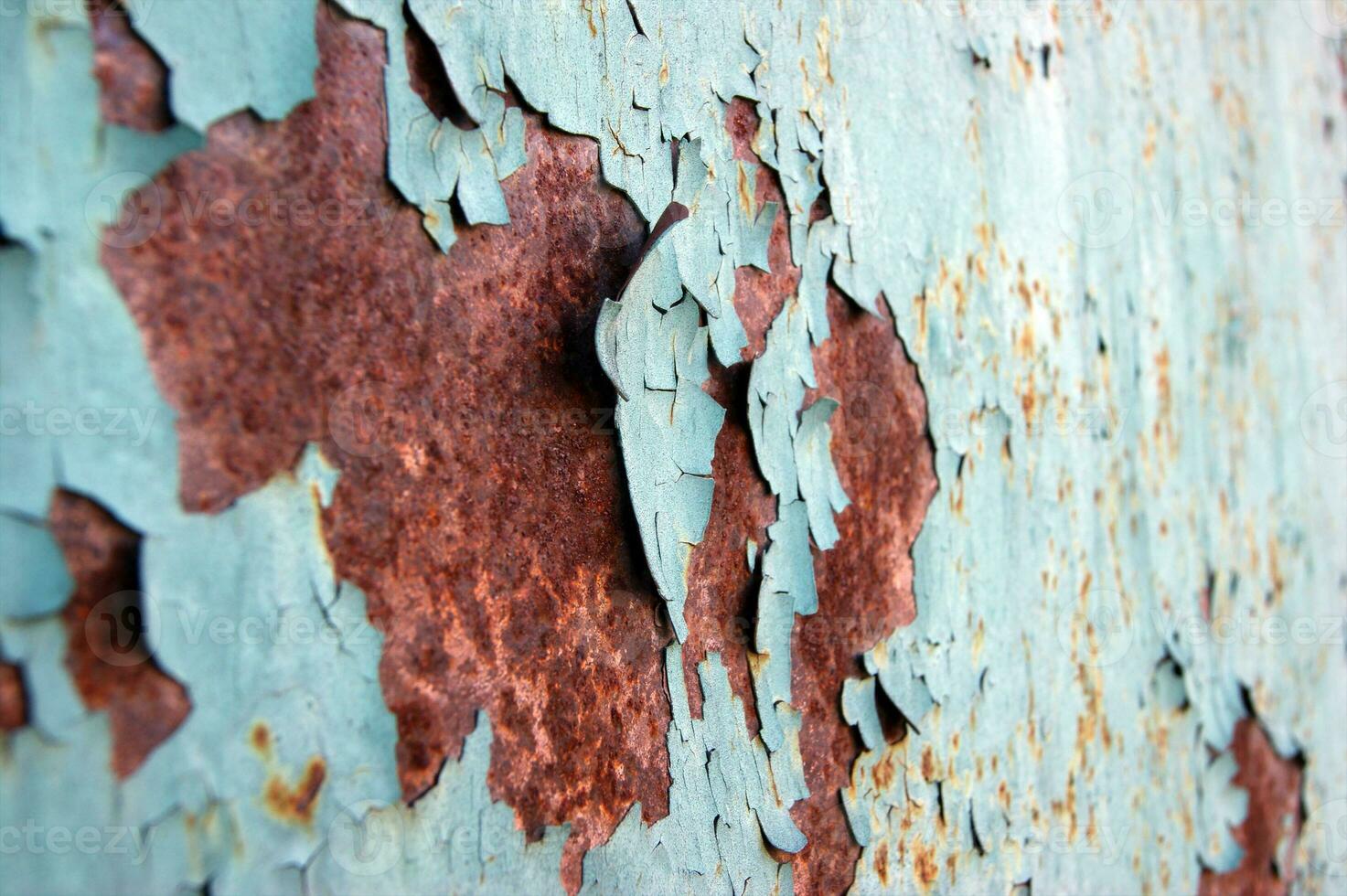 Light blue rust metal decayed crumpled sheet wide background. photo