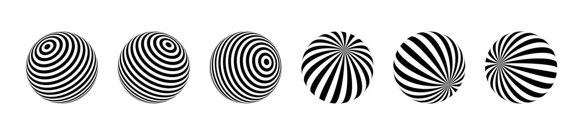 Optical illusion of the globe pack. 3D wave stripe spheres. Isolated vector illustration on white background.