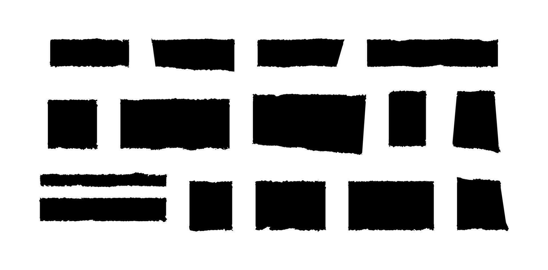 Rectangles paper with roughly torn edges. Jagged geometric shapes for stickers, tags and labels. Isolated vector illustration on white background.