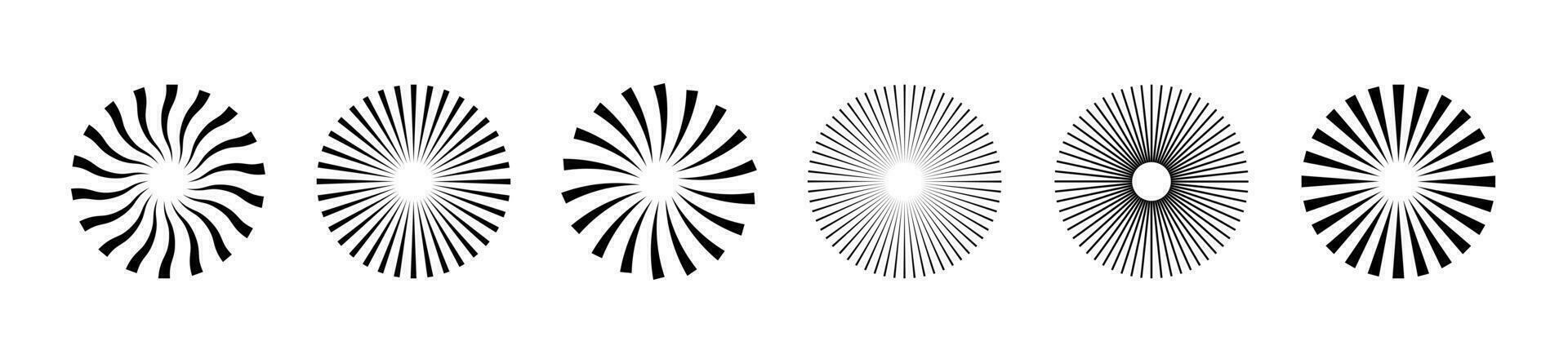 Starburst stripe round set. Ray lines emanate from the center of the circle. Pack of geometric elements. Isolated vector illustration on white background.