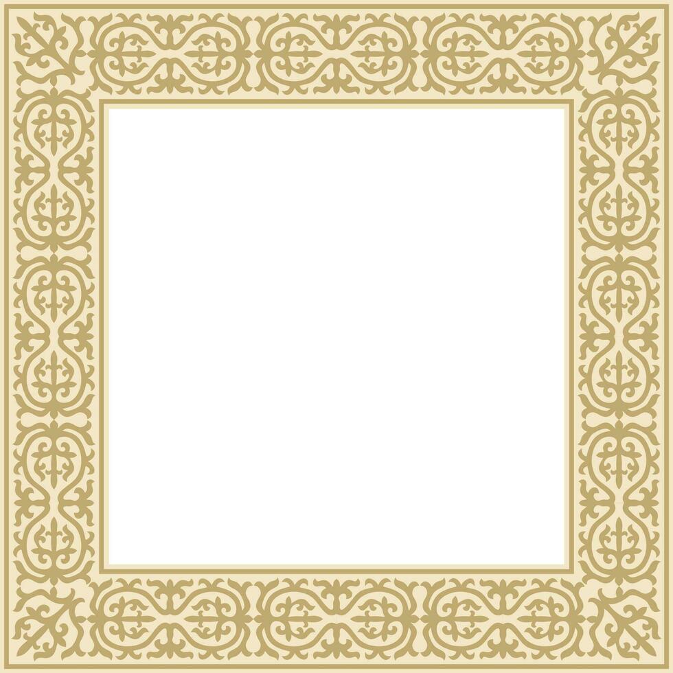 Vector golden square Kazakh national ornament. Ethnic pattern of the peoples of the Great Steppe, Mongols, .Kyrgyz, Kalmyks, Buryats. Square frame border