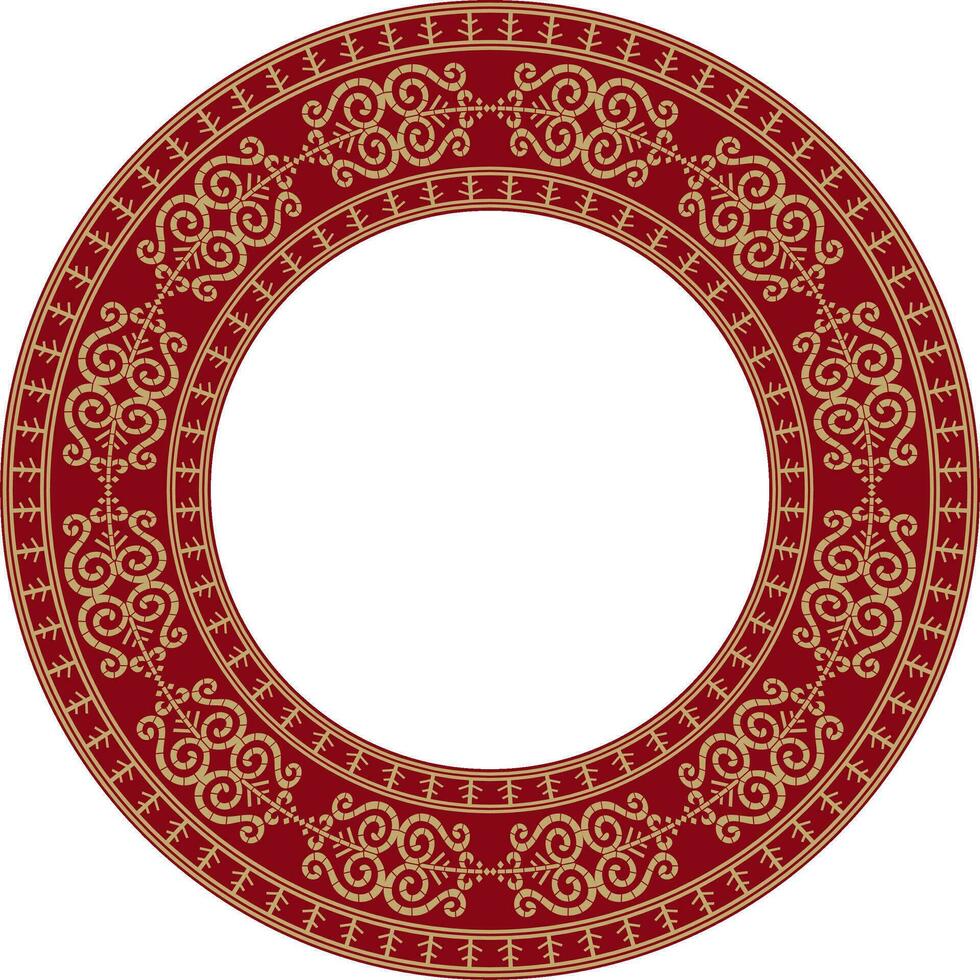 Vector golden and red round Yakut ornament. Endless circle, border, frame of the northern peoples of the Far East