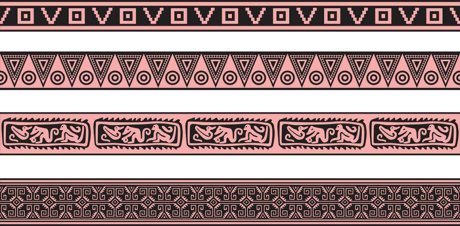 vector conjunto de rosado y negro nativo americano ornamental sin costura fronteras marco de referencia de el pueblos de America, aztecas, maya, incas