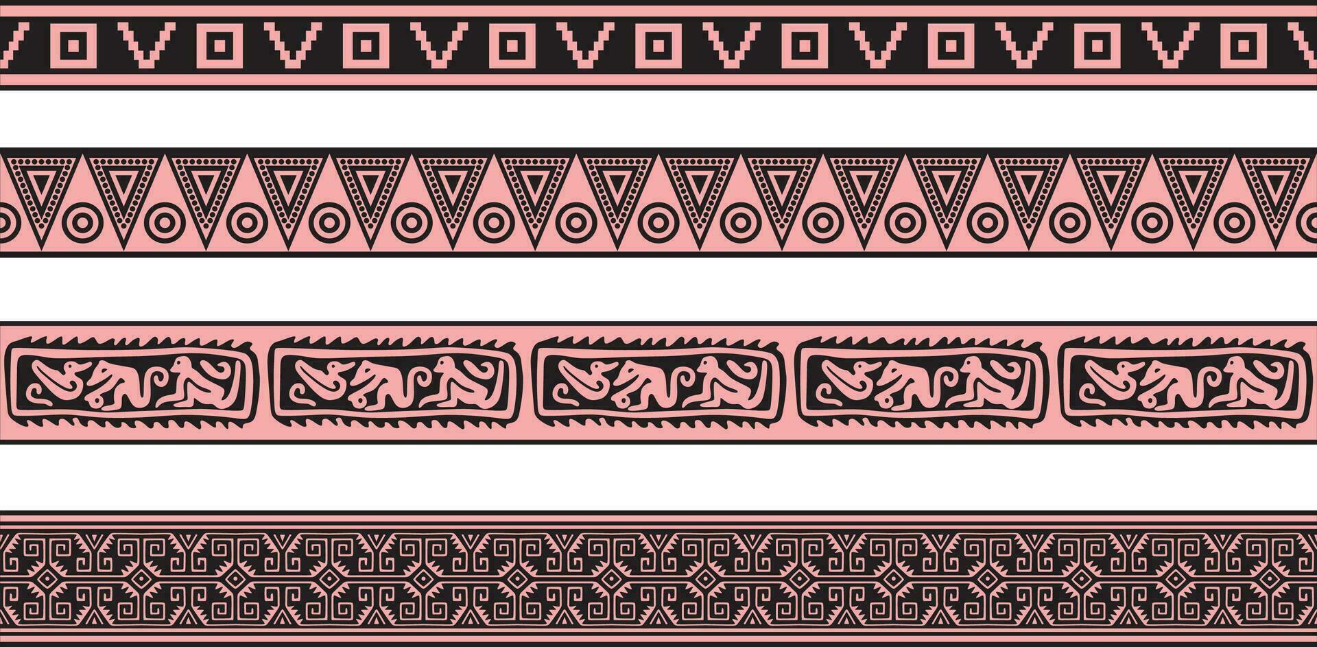 Vector set of pink and black Native American ornamental seamless borders. Framework of the peoples of America, Aztecs, Maya, Incas