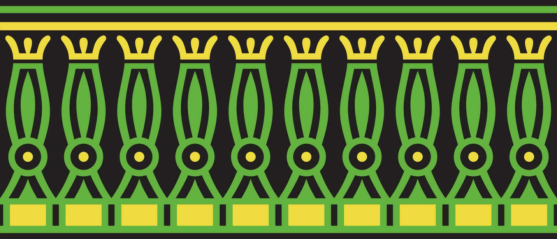 Vector green seamless Egyptian border. Endless ornament of Ancient Africa. Pattern of lotus flowers and sun