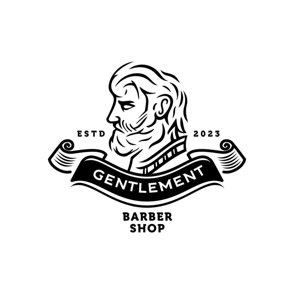 Clásico Barbero Insignia cresta logo con hombre rostro. Caballero con barba retro clásico victoriano estilo barbería logo vector