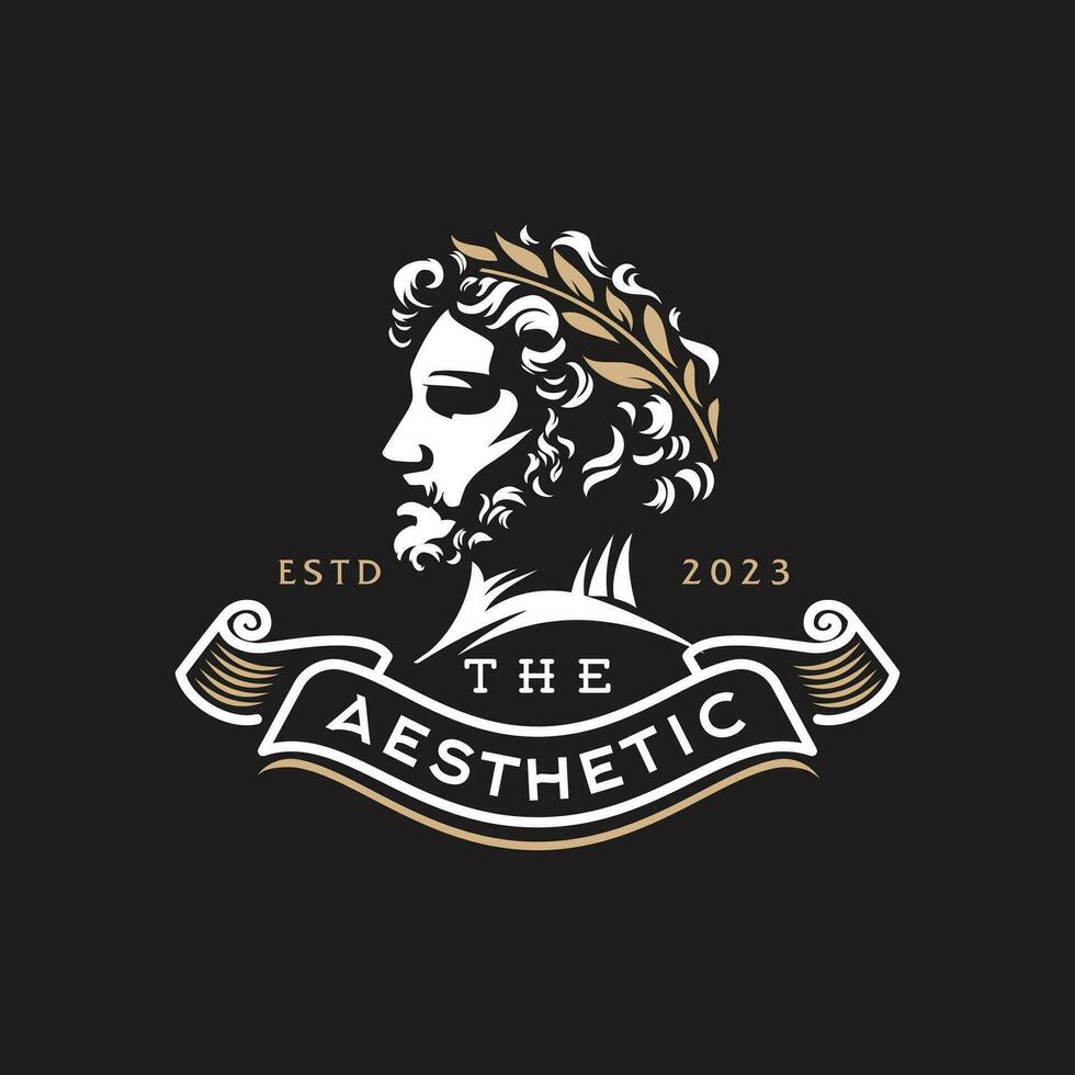 Greek emperor logo. god head wearing laurel wreath statue icon logo design Illustration vector in trendy minimal and simple line style. Ancient Greek Figure Face Head Statue Sculpture.