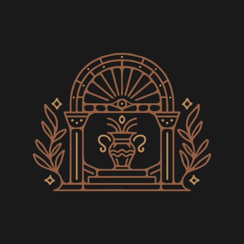 mystic sun doorway logo, antique arch architecture entrance and stairway icon, with door, window and palm trees in contemporary aesthetic boho style vector
