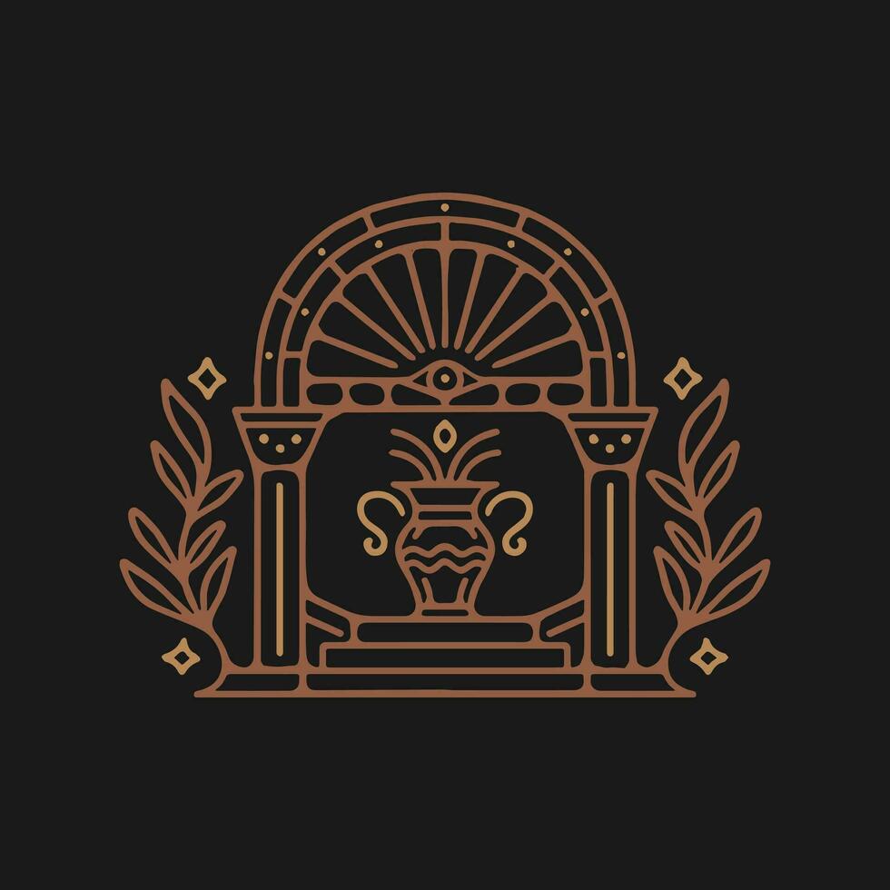 logotipo de la puerta del sol místico, entrada de la arquitectura del arco antiguo e icono de la escalera, con puerta, ventana y palmeras en estilo boho estético contemporáneo vector