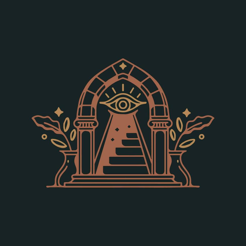 mystic sun doorway logo, antique arch architecture entrance and stairway icon, with door, window and palm trees in contemporary aesthetic boho style vector