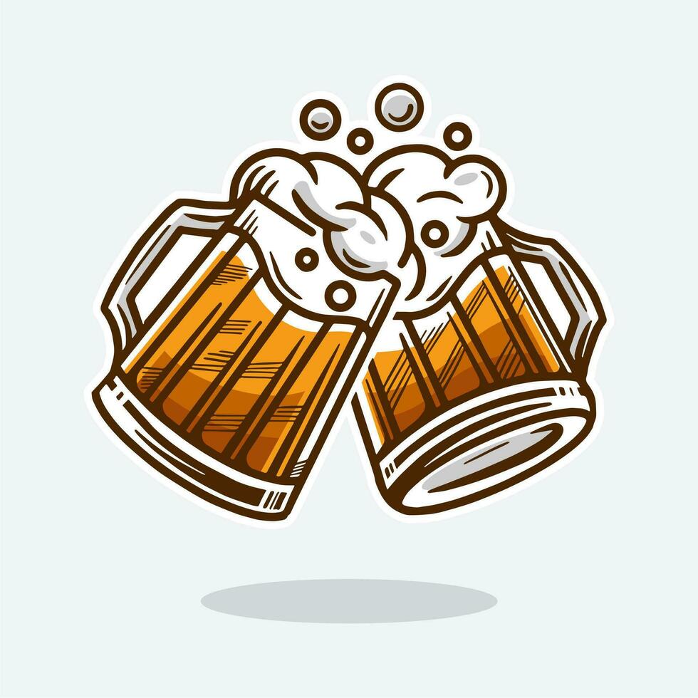 two mugs of beer vector illustration. Drinks beer with a lot of foam. Cartoon style. Isolated on white background. Design for banner, poster, greeting cards, web, invitation to party.