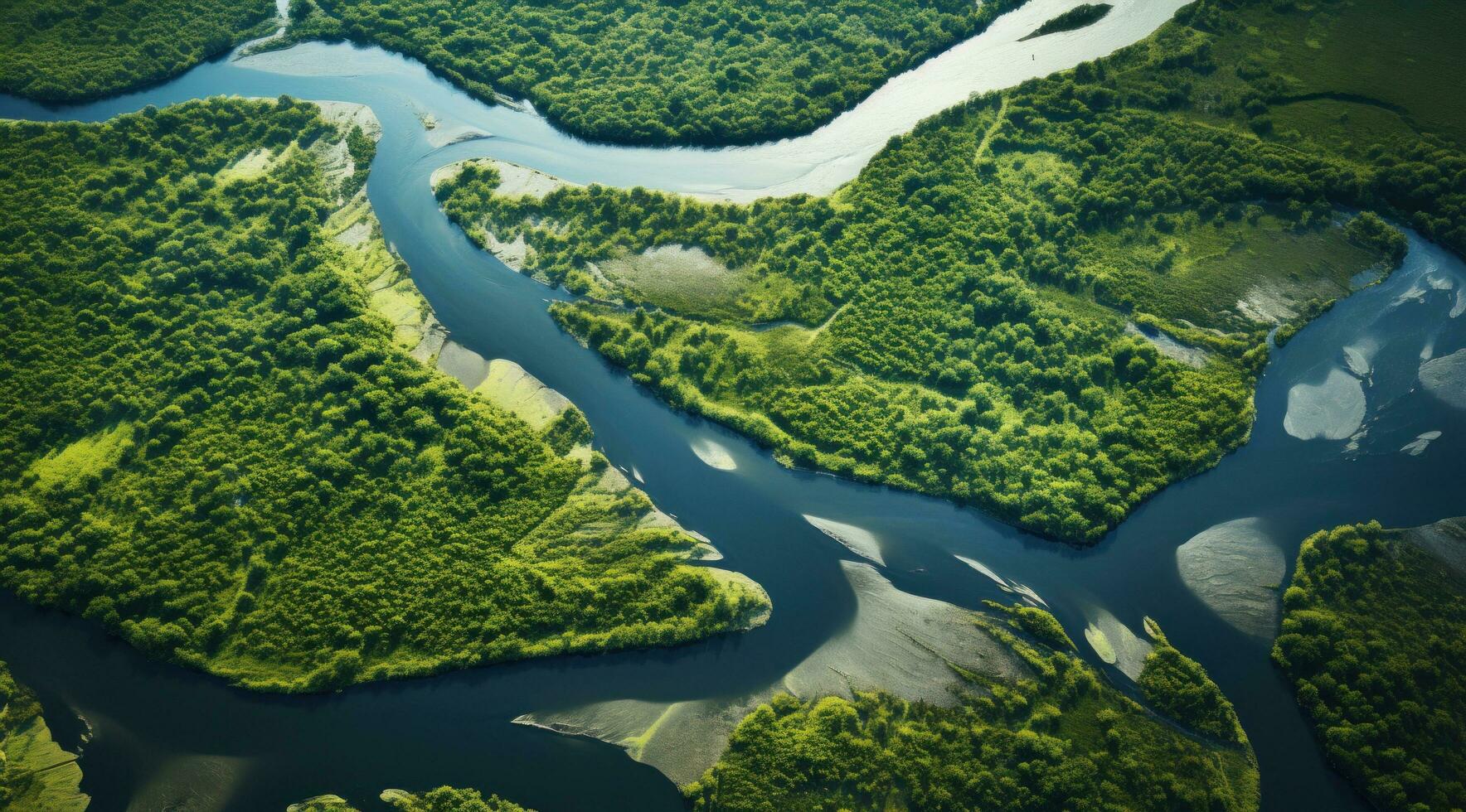 AI generated aerial view of a river flowing in middle of a forest, photo