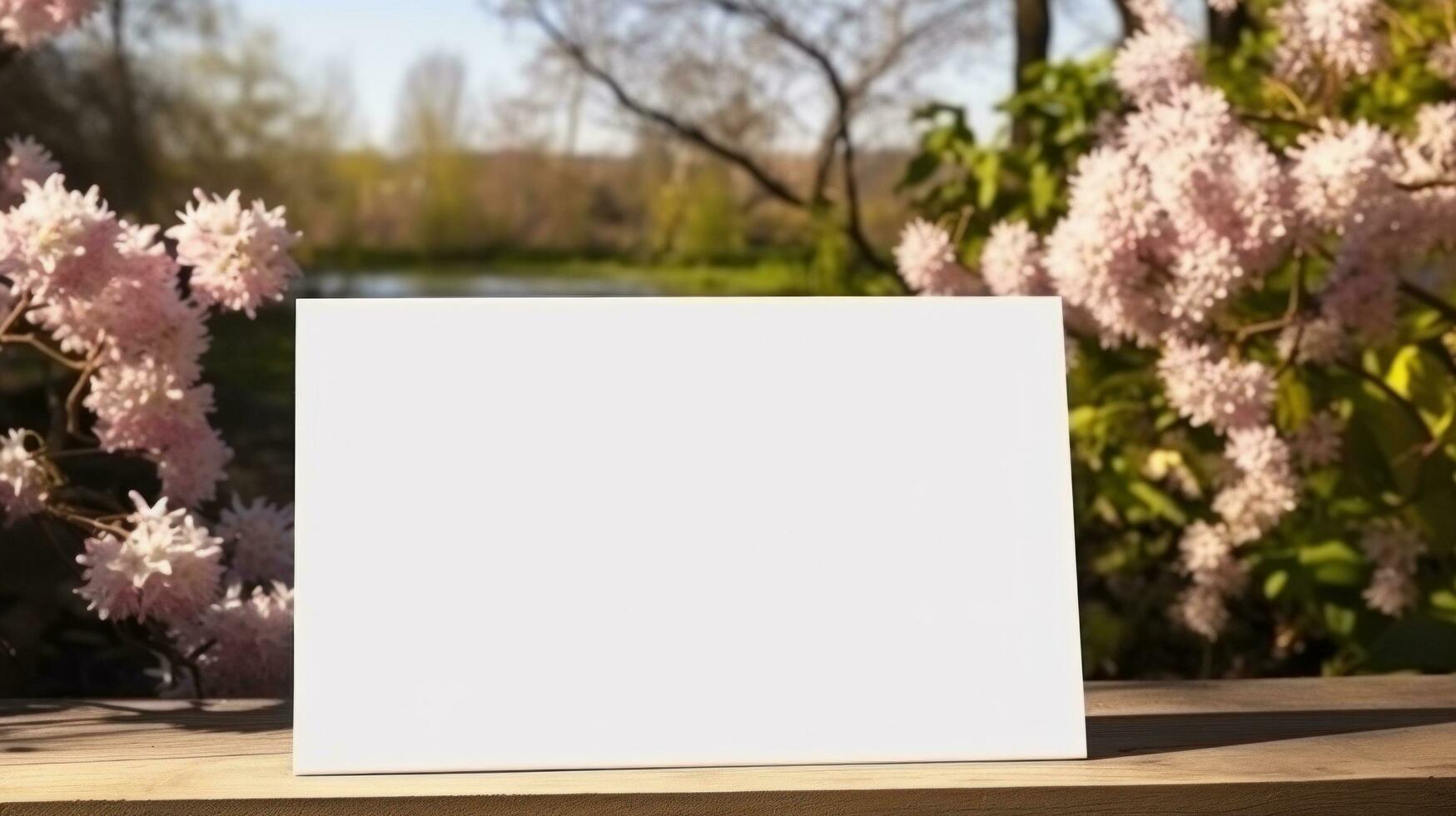 AI generated White greeting card with blank front, realistic on a mockup template in a wooden table in a christmas luxuty background in home inside, photo