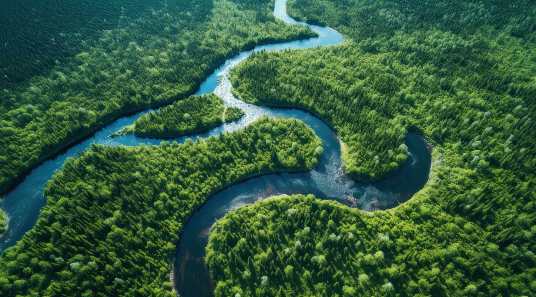 ai generado aéreo ver de un río fluido en medio de un bosque, foto