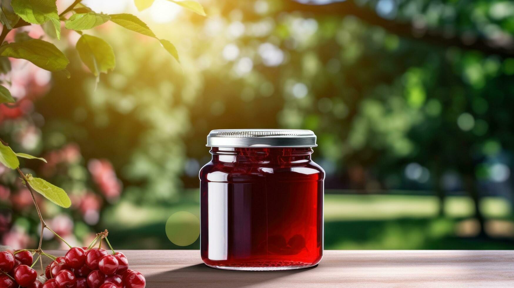 ai generado tarro de Cereza mermelada con blanco frente realista en un Bosquejo modelo en un de madera mesa en un verano jardín foto