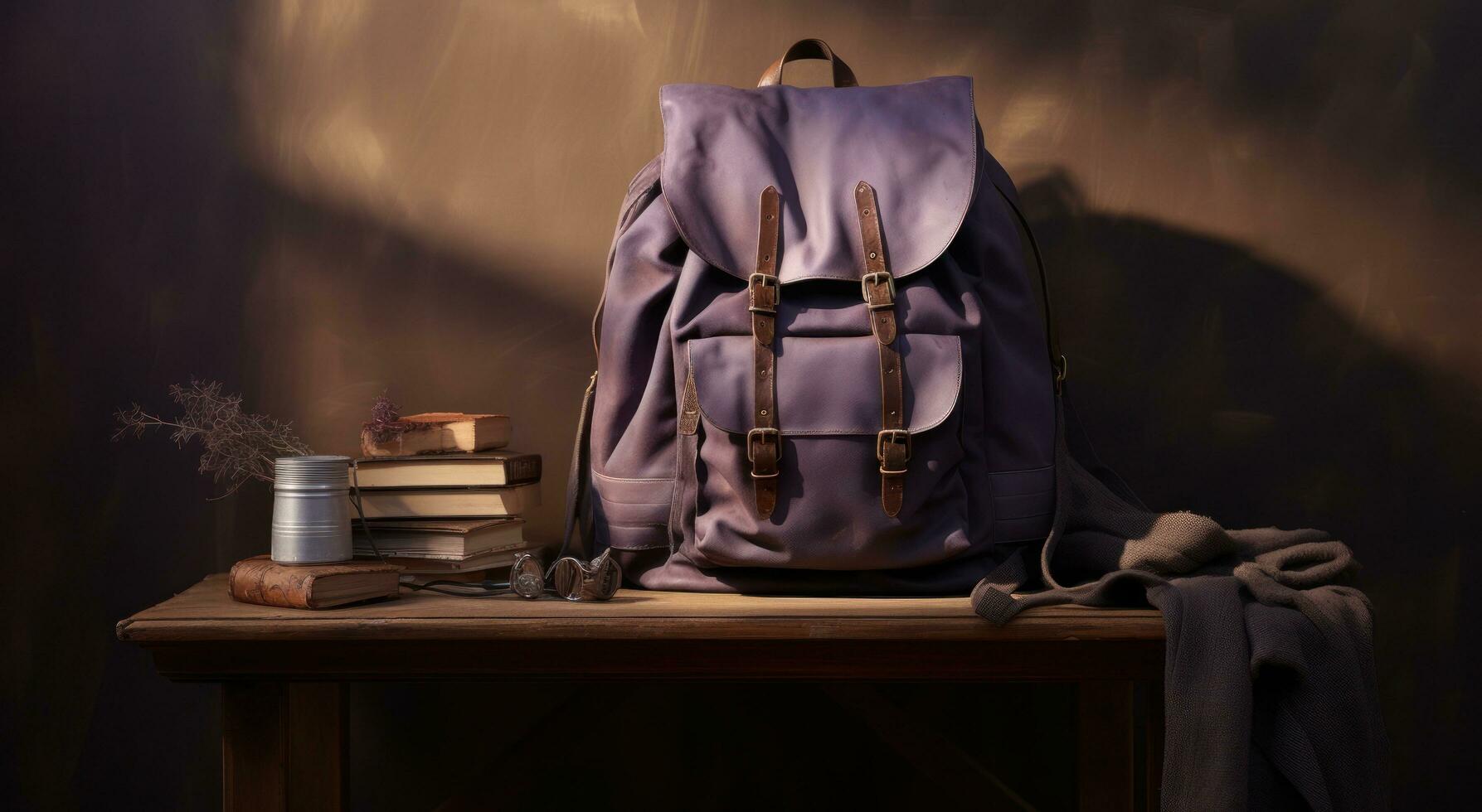 AI generated a purple backpack is sitting on top of a table, photo