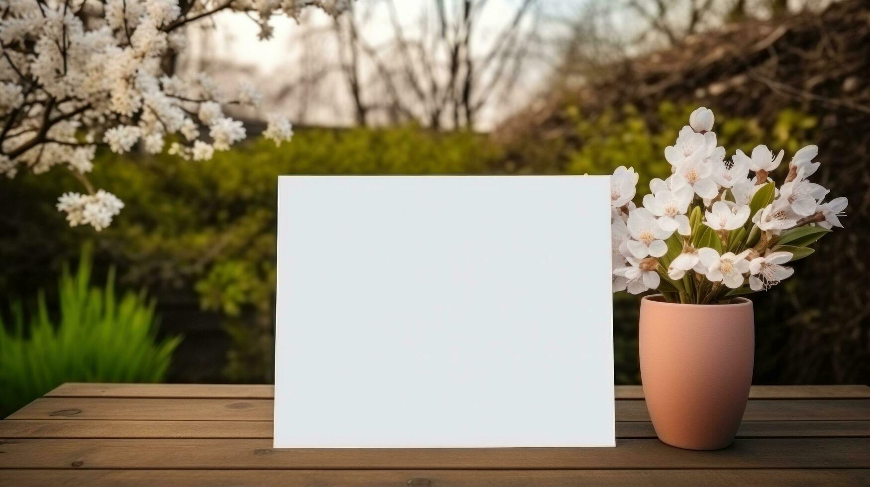 AI generated White greeting card with blank front, realistic on a mockup template in a wooden table in a easter luxuty background in home inside, photo