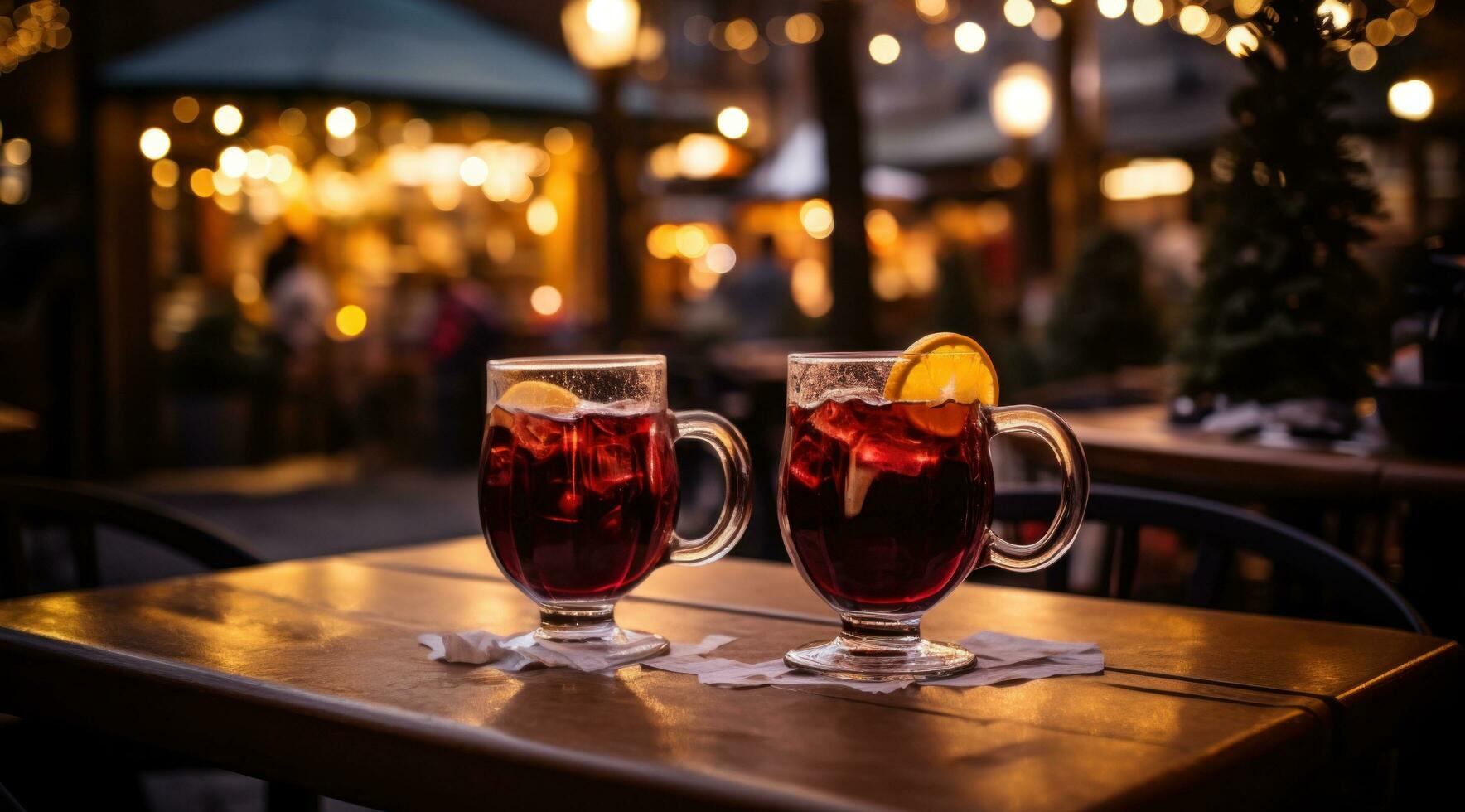 AI generated two glasses of hot cider on a wooden table, photo