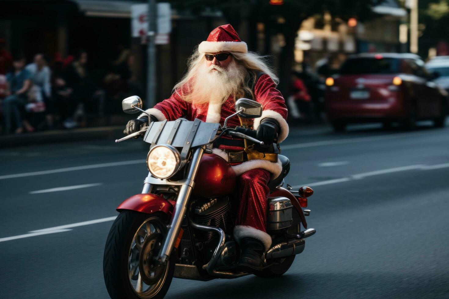 AI generated santa on motorbike with big bad. photo