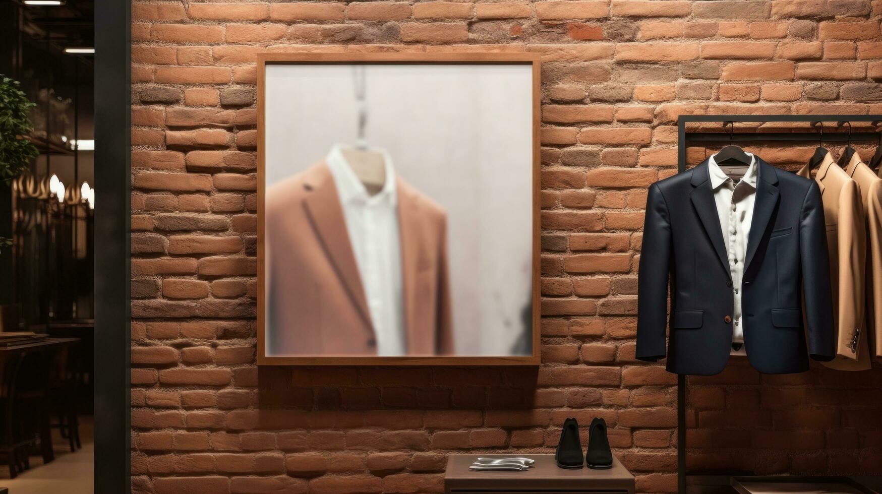 AI generated poster image with blank front ealistic on a mockup template in a brick wall in a luxury modern clothing shop, photo