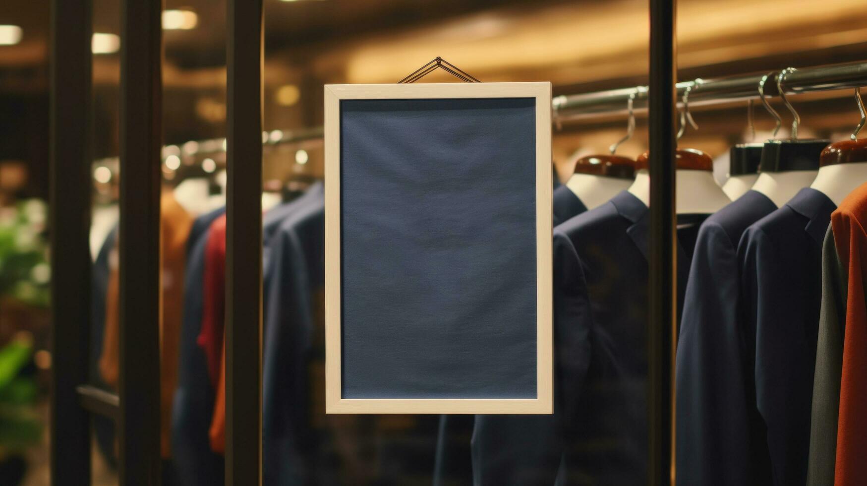AI generated poster image with blank front ealistic on a mockup template in a brick wall in a luxury modern clothing shop, photo